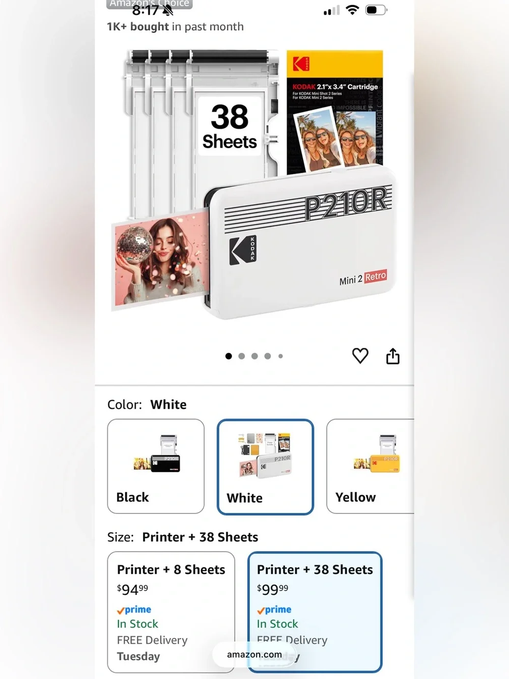 Kodak Mini 2 Retro PZ10R Portable Instant Printer - White & Yellow Box